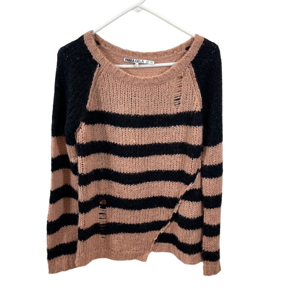 Pam & Gela Distressed Striped Asymmetrical Hem Sweater Small Wool Blend